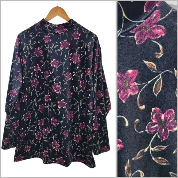 Vtg Velvet Mock Neck Top Plus 18/20 2X Floral Stretch Black Velour Long Sleeve - Picture 1 of 5